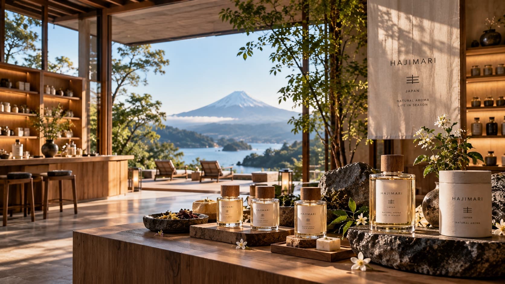 山と湖にひらかれた HAJIMARI の店内。棚には季節ごとの香りが並ぶ