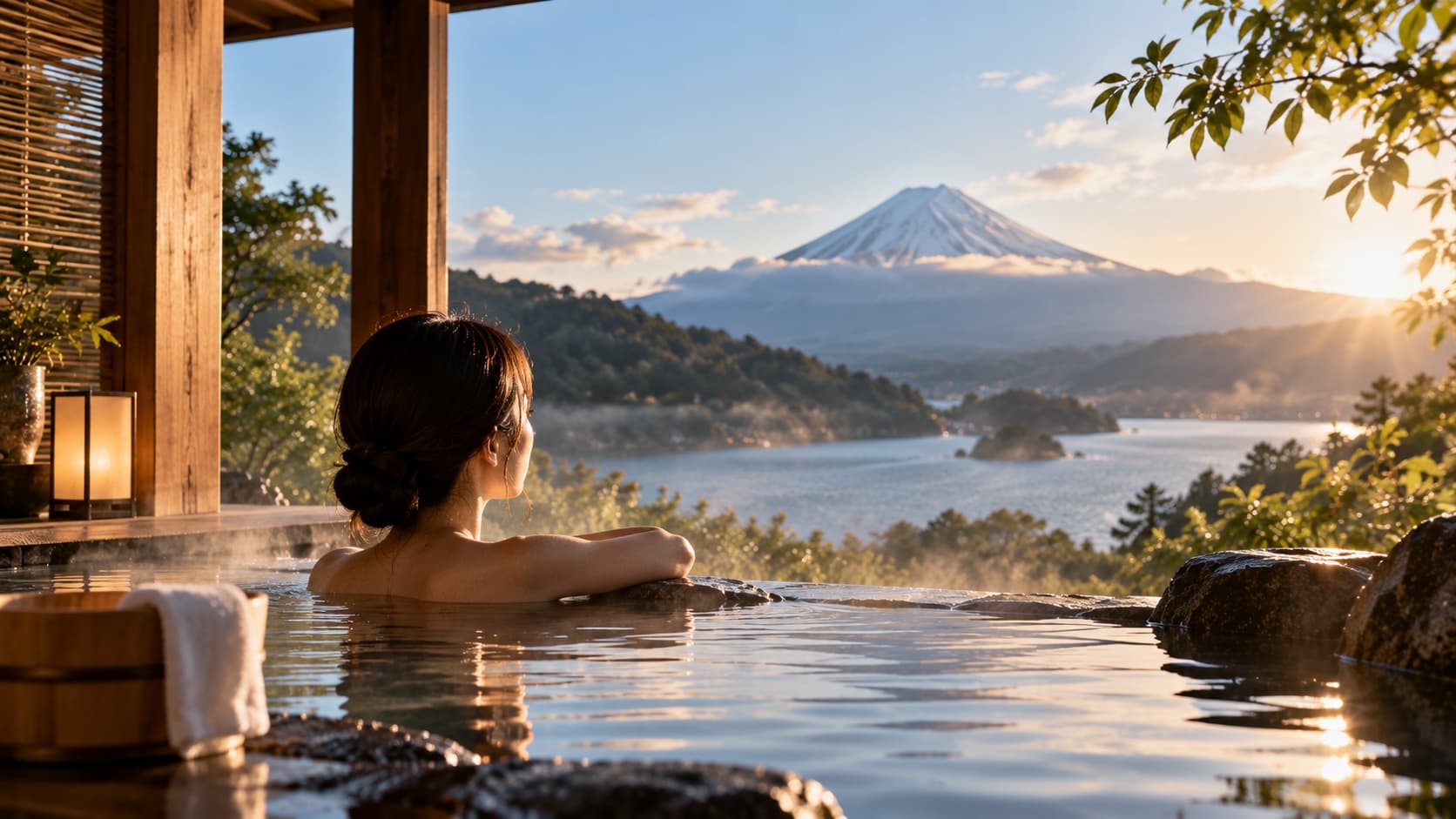 朝日に向かう露天の湯