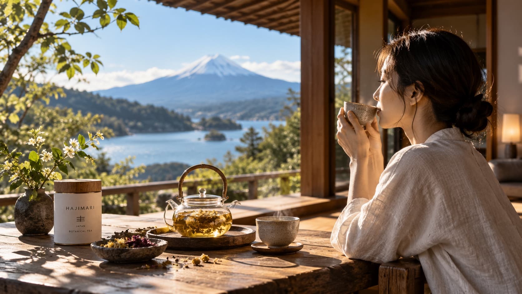 朝の縁側で湯気の立つ茶を飲む人