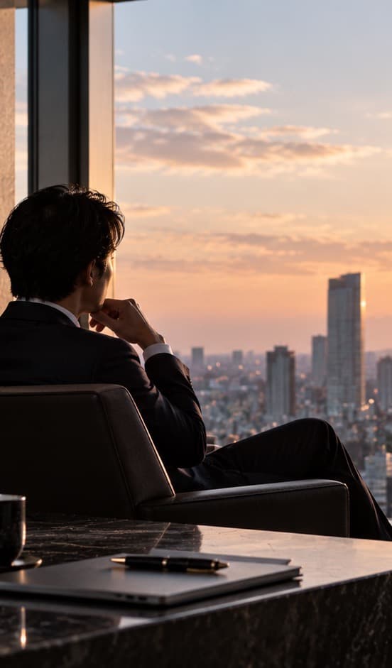 夕暮れの街を望む窓辺で考えこむ人